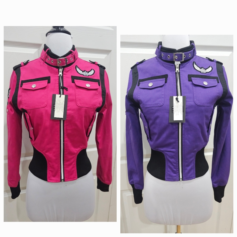 ~SOLD~ 1 RMT Raw Blue Pink Purple Moto Patch Buckle Collar Zip Up Jacket Coat S - Picture 1 of 16